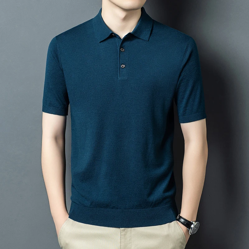 

High Quality Cashmere Wool Tops Men Spring Autumn Classic Polo Collar Jumper Short Sleeve Knit T-shirt Soft Sheep Wool Clothes