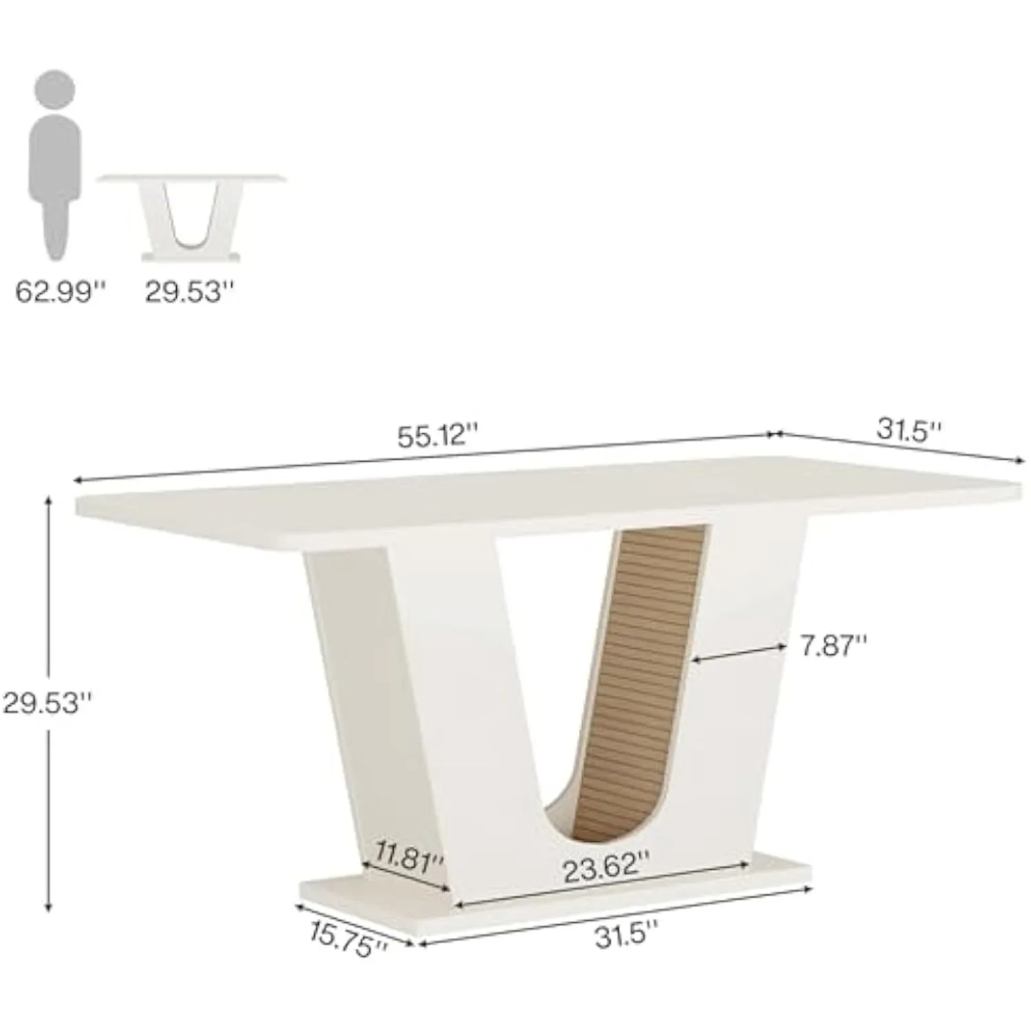 Mesa de jantar moderna LITTLE TREE para 4-6 pessoas, mesa de cozinha retangular de 55 polegadas com base em forma de U, branco creme
