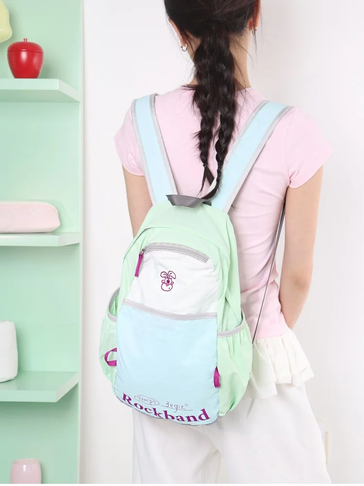 Lightweight Nylon Contrast Color Rabbit Letters Backpack Casual Big Capacity Schoolbag Handbag Student Leisure Travel Backpack