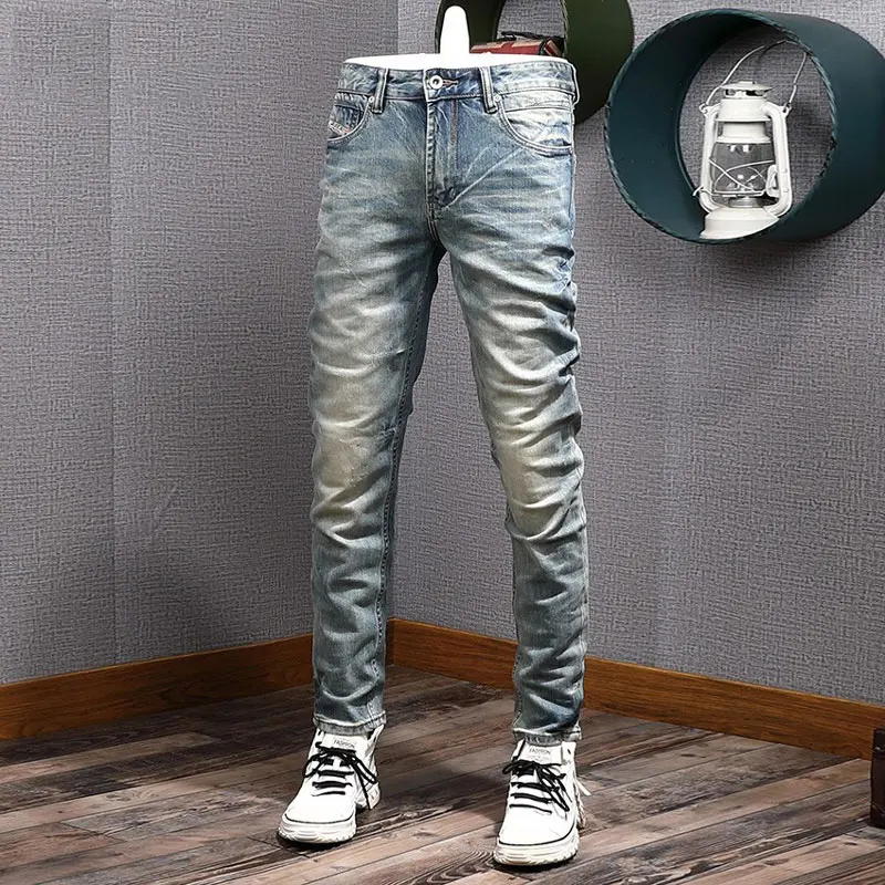 Street Fashion Men Jeans Retro Washed Blue High Quality Elastic Slim Fit Ripped Jeans Men Vintage Designer Casual Denim Pants