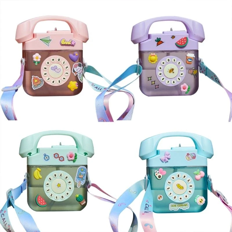 W8EA 400ML Telephone Water Bottle with Straw and Stickers for Kids Boys Girls