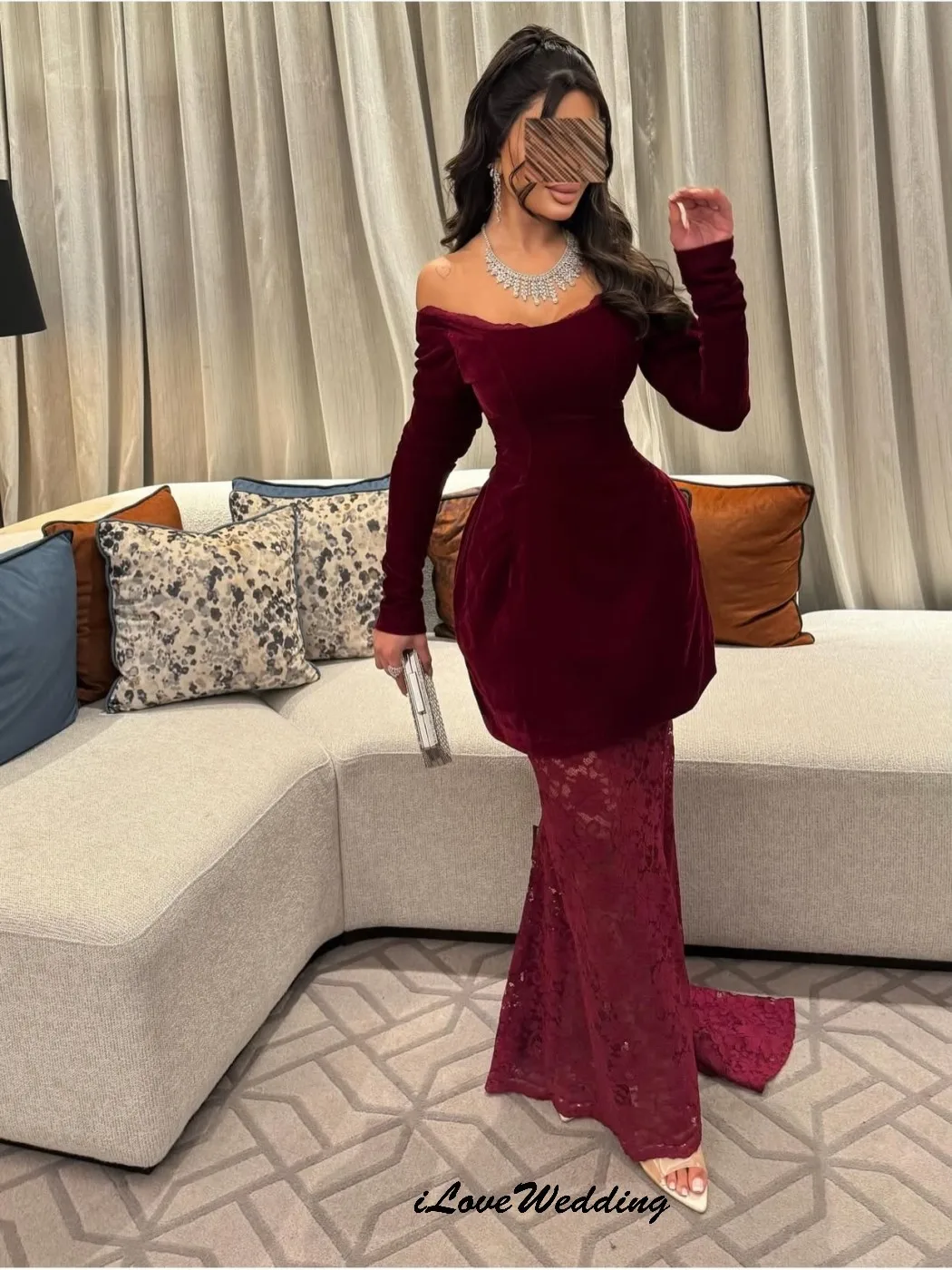 레드 오프숄더 프롬 드레스 2025 레이스 머메이드 이브닝 드레스 긴팔 웨딩 파티 드레스 여성용 갈라 맞춤 제작