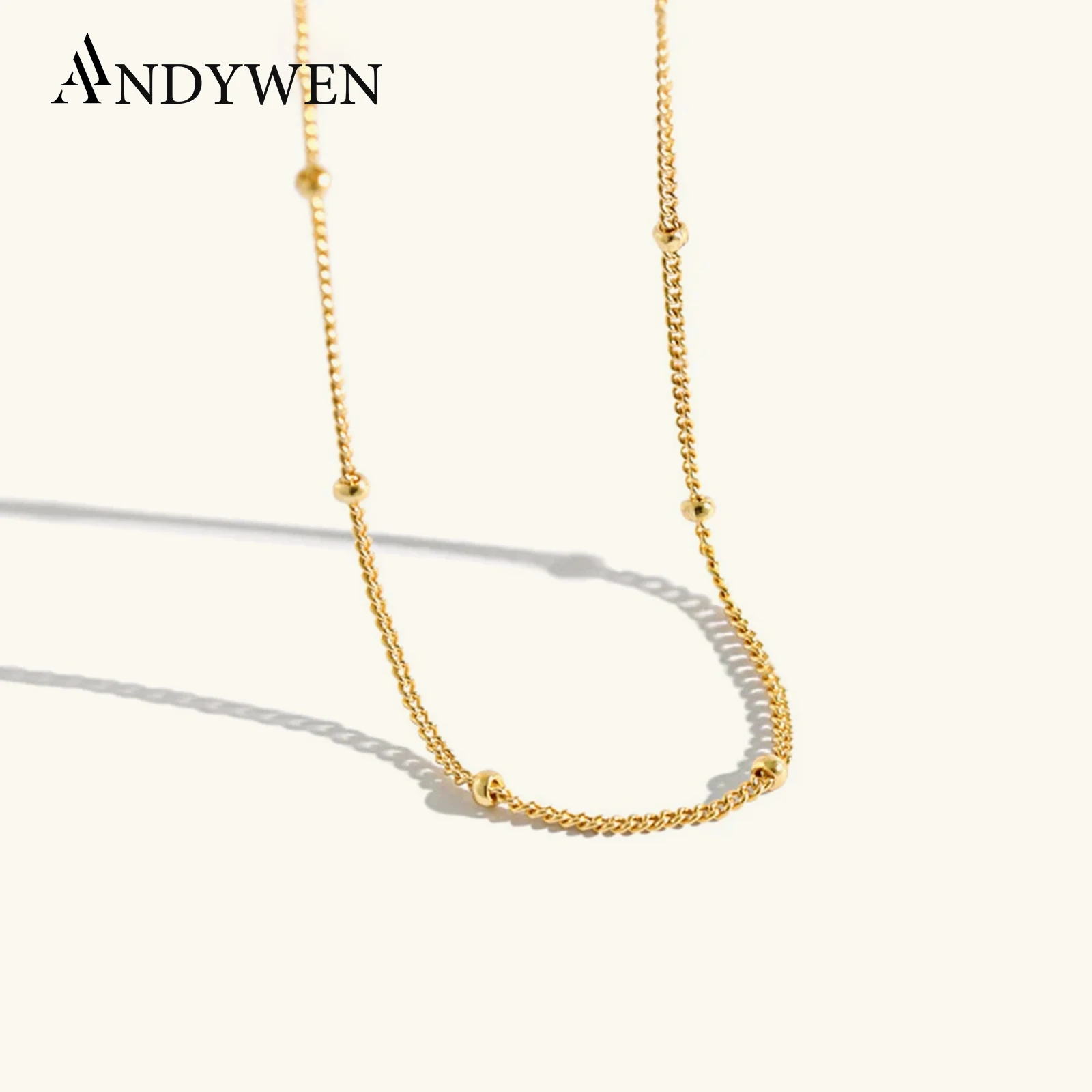 

ANDYWEN 100% стерлингового серебра 925 пробы колье-колье 35 см + 5 см короткая цепочка золото тонкие роскошные бусины ювелирные изделия рок-панк драгоценности