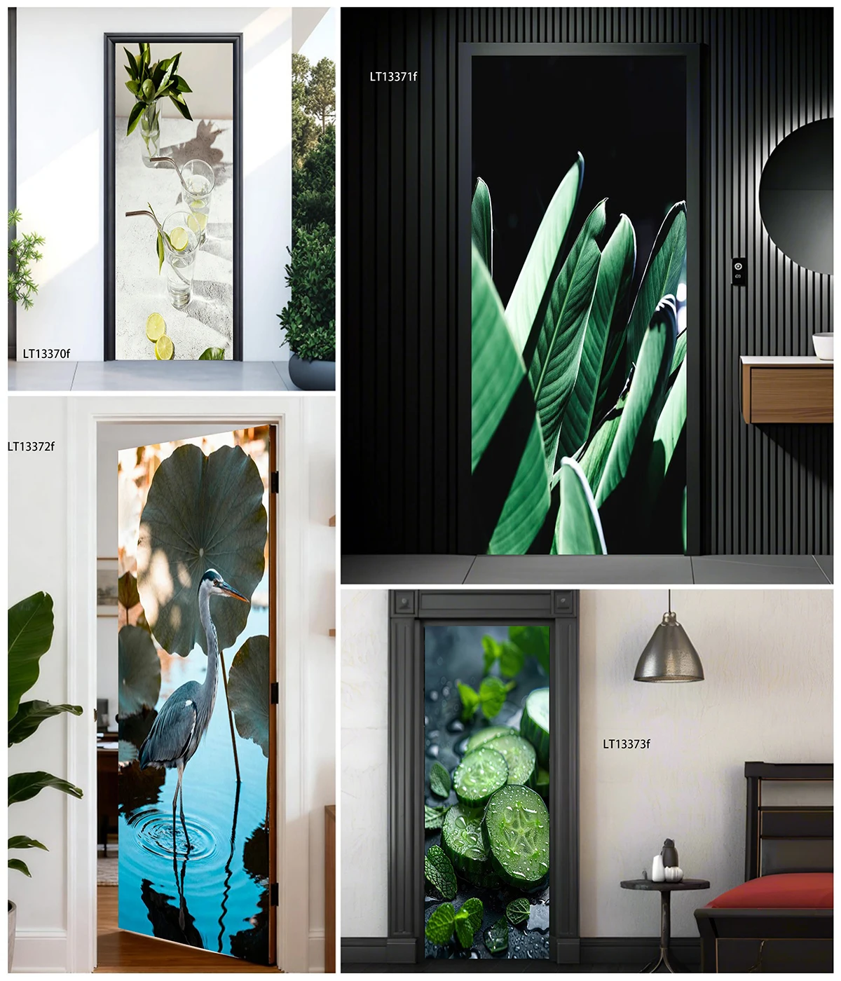 Peel Stick Vinyl Door Decal Fresh Tropical Green Plant Leaf Heron Fruit Mural Waterproof Door Wrap