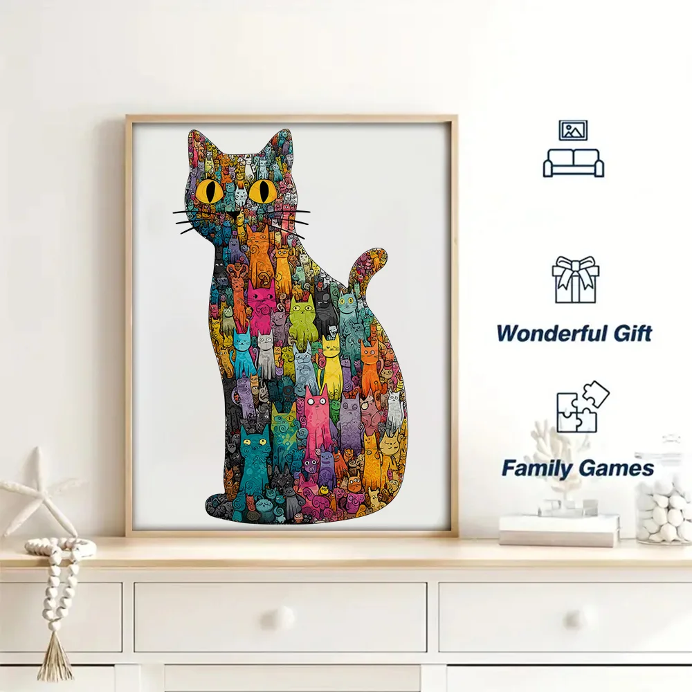 Colorful Cat Shaped Wooden Puzzle Unique Animal Pattern Jigsaw Toy Adult Kids Decompression Intellectual Game Difficult Challeng