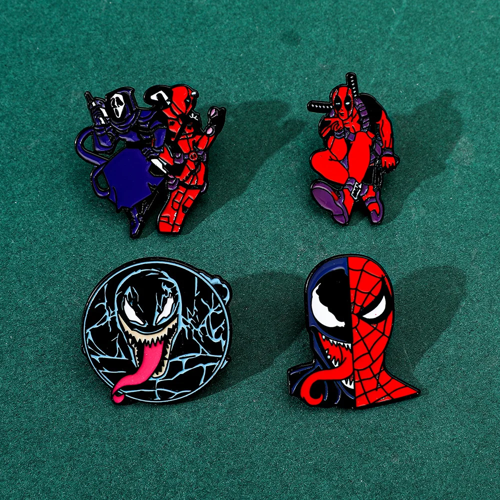 Juego de alfileres de Metal de superhéroe de Marvel, broche esmaltado por goteo de aleación de Venom de SpiderMan Deadpool, regalo de cómic para coleccionistas de Fans