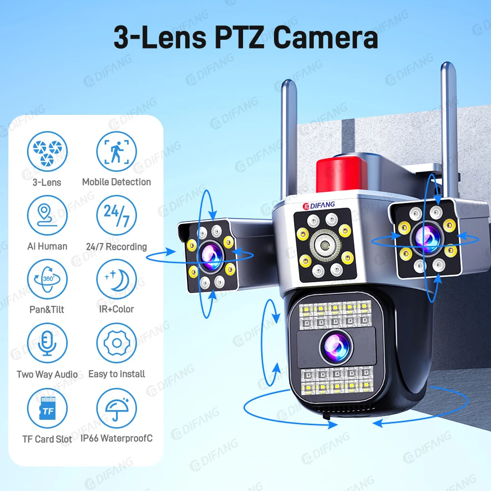 

15MP Ultra HD 8K WiFi Camera Waterproof Outdoor Three Screen Three Lens Detection Automatic Tracking Security Monitoring IP CCTV