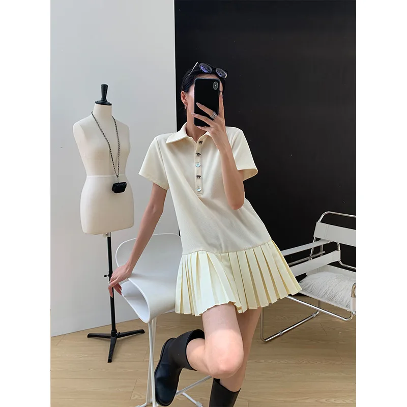 Hong Shirt 2024 Summer New Collar Bow Button Short Sleeve Flounced Skirt Swing Youthful-Looking Dress