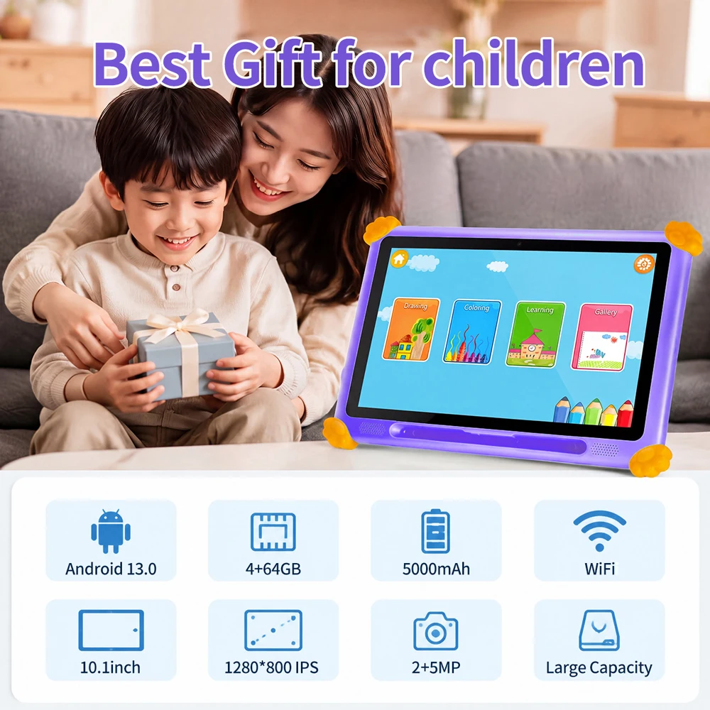 BDF 10.1 Inch Kids Tablet with 4GB RAM 64GB ROM 1TB Expandable Storage 1280x800 IPS Screen 5000mAh Battery Android 13 WiFi & 3G