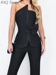 Two Piece Set for Women Bandeau Bowknot Sleeveless Top and Skinny Flared Pants Set