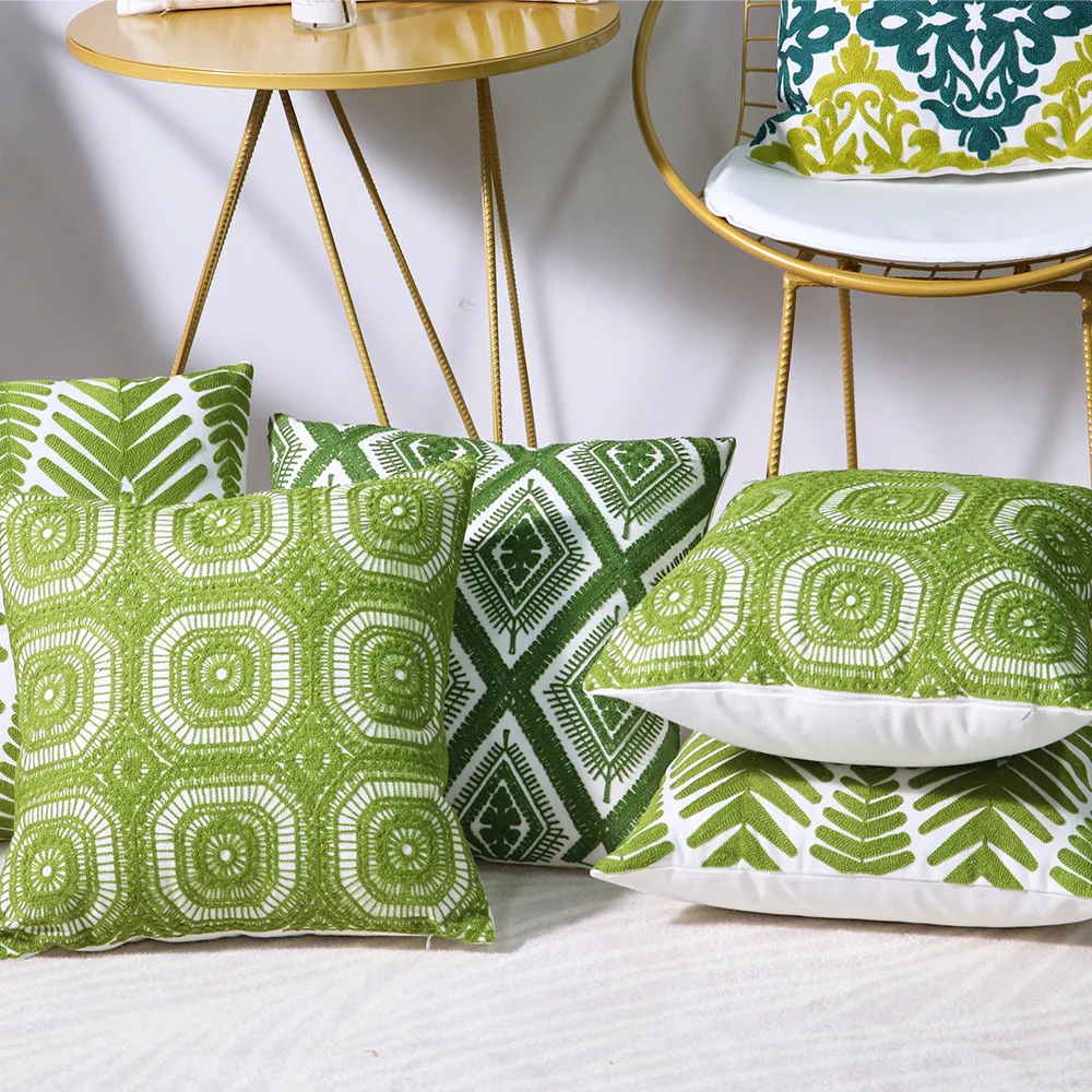 Green Geometric Embroidery Cushion Cover 45*45cm Cotton Crochet Pillowcase Girls Room Sofa Bedside Decorative Throw Pillow Cover