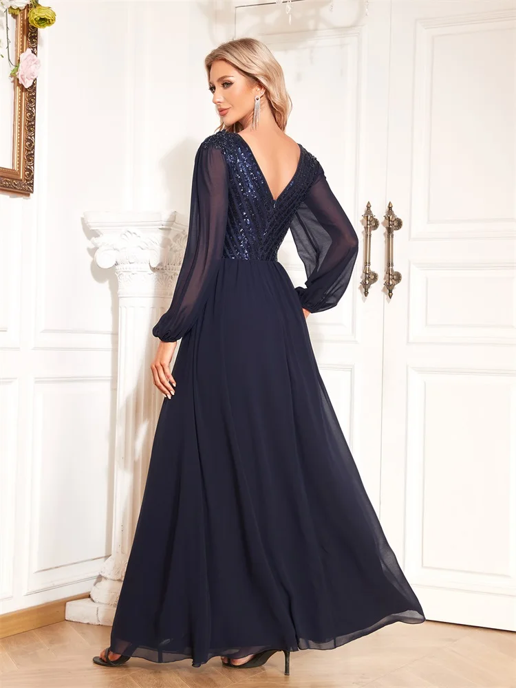 Lucyinlove Elegant Sequin Navy Evening Dresses 2024 V-Back Long Sleeve Wedding Party Gown Women Prom Formal Cocktail Dresses