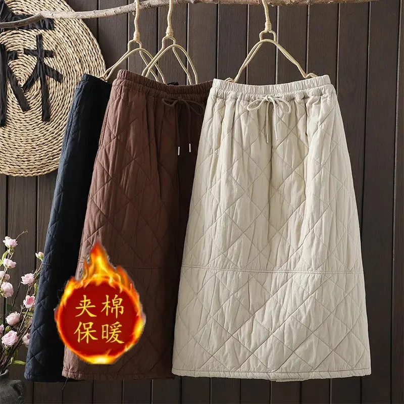 

Женская стеганая юбка трапециевидной формы большого размера с ромбовидной сеткой, хлопковая зимняя юбка с разрезом по подолу, осень-зима 2022, мода G417