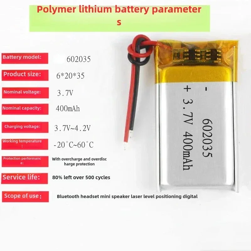 602035 400mah 3.7 Rechargeable Polymer Lithium Battery Suitable For Warning Flashing Lights Humidifiers Moon Lights