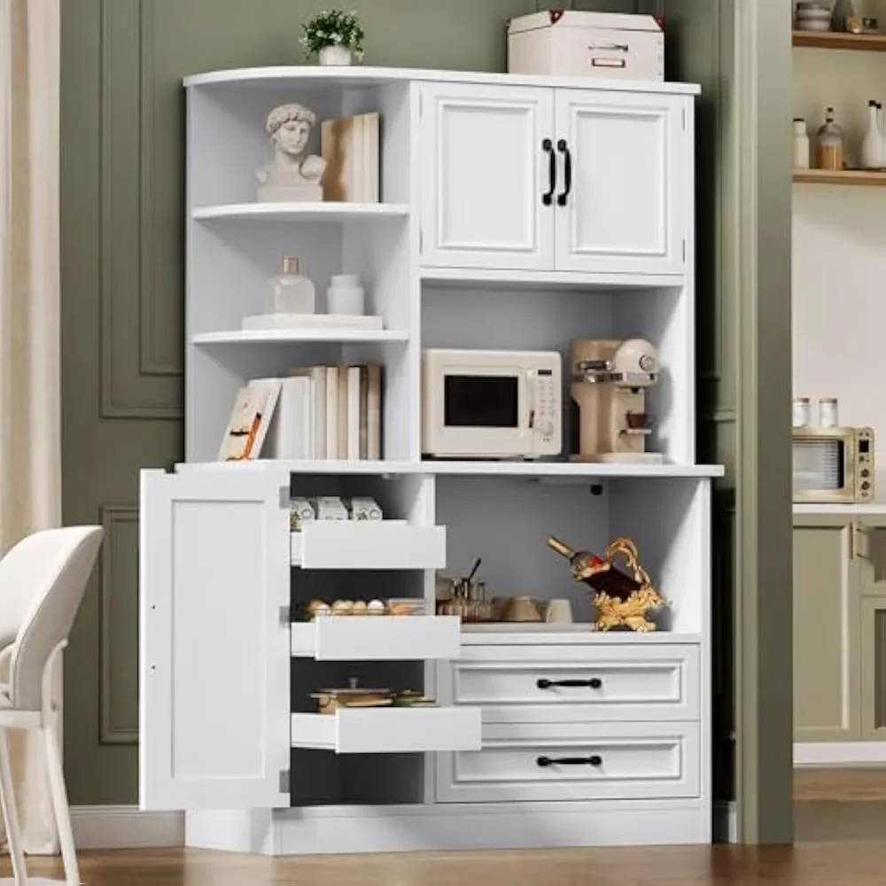 

64" H Kitchen Hutch Storage Cabinet with Power Outlet, Sliding Racks with Door, Drawers with Doors and 3-Tier External Shelves