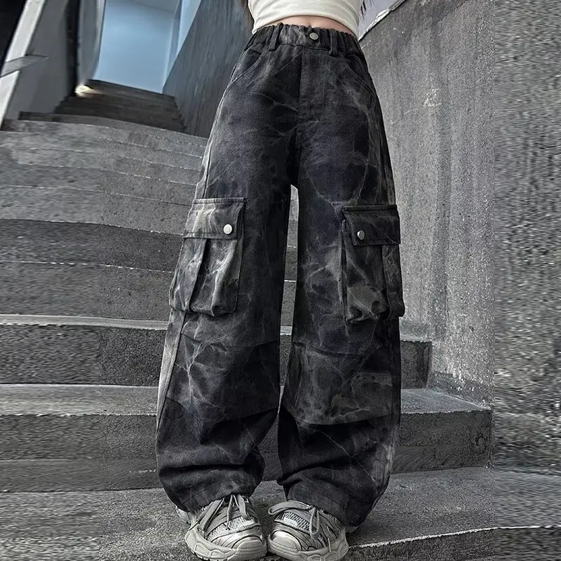 Girls Jeans New 2026 Autumn Spring Kids Letter Towel Embroidered Wide Leg Long Denim Pants Baggy Denim Trousers for Children