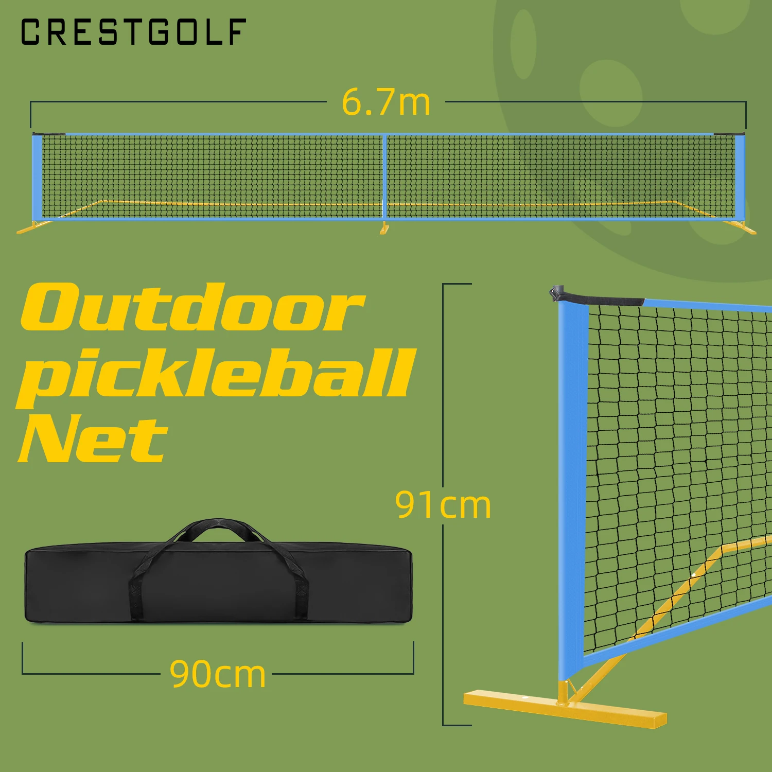 CRESTGOLF 휴대용 피클볼 네트, 견고한 금속 프레임, 나일론 네트, 피클볼 게임용 운반 가방, 22FT 길이