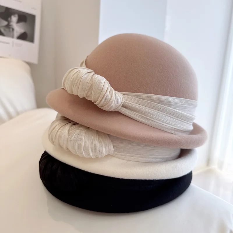 High quality silk hemp decorated bow beret Light luxury elegant French small top hat Fashion women\'s wedding banquet hat