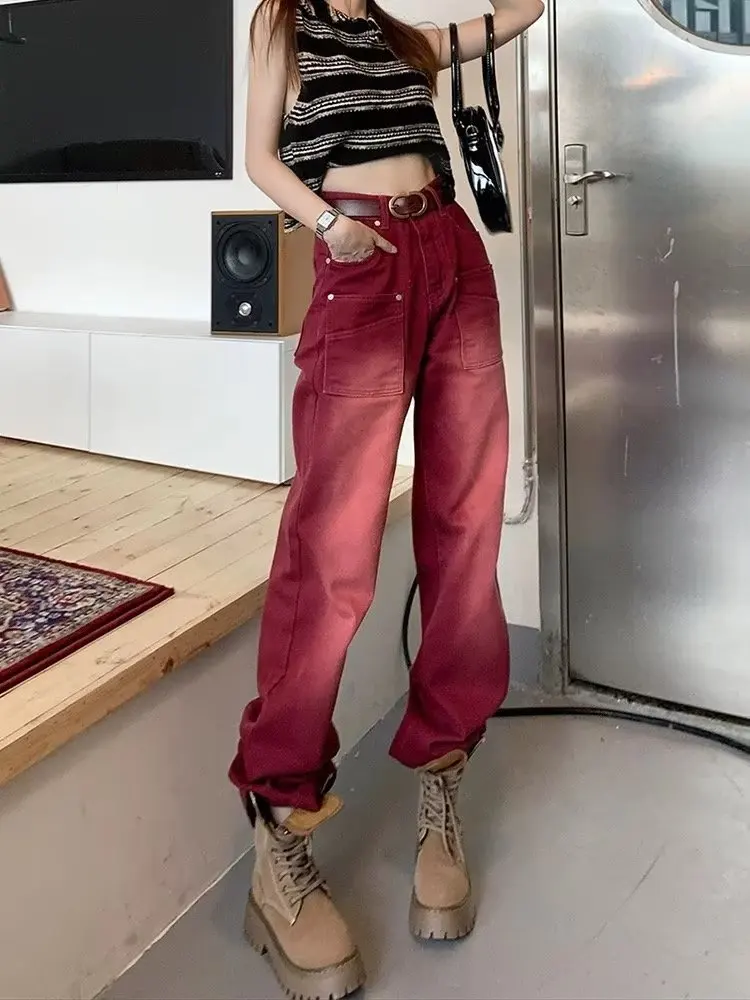 Red Pants woman Streetwear Baggy Jeans High Waist Boyfriend Style Y2k Vintage Washed Distressed  Wide Leg Mopping Denim Trousers