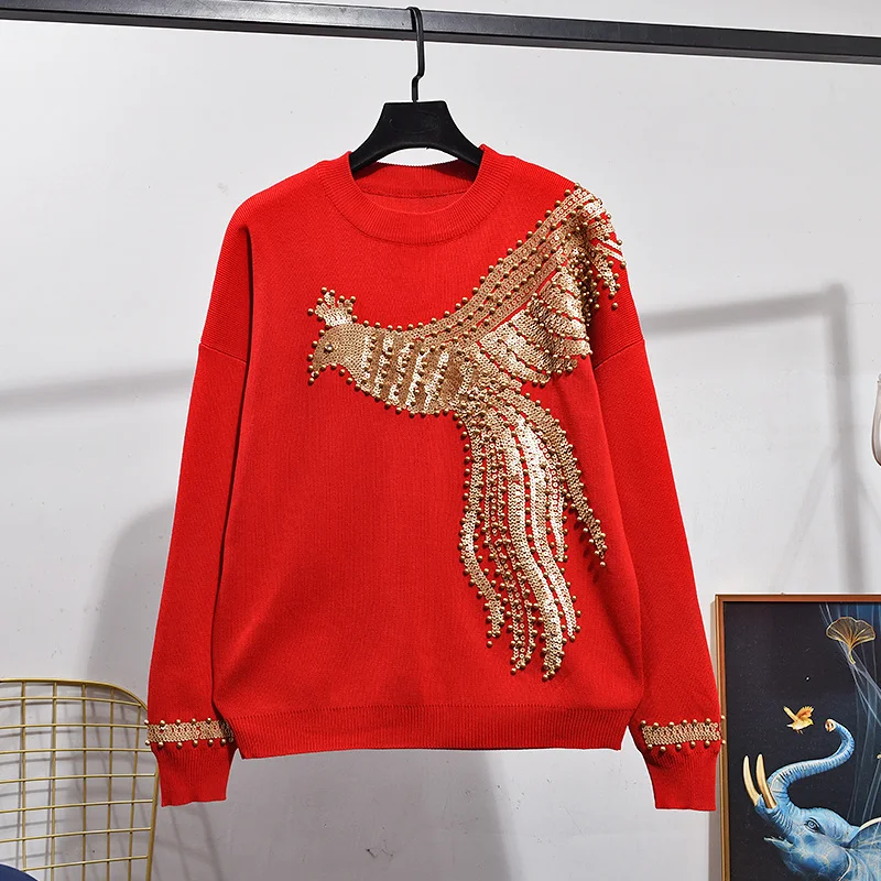 Fashion Red Beading Sequins Phoenix Knitted Tracksuits Set Women Loose Knit Pullover Sweater Long Pants Two Piece Outfits Female