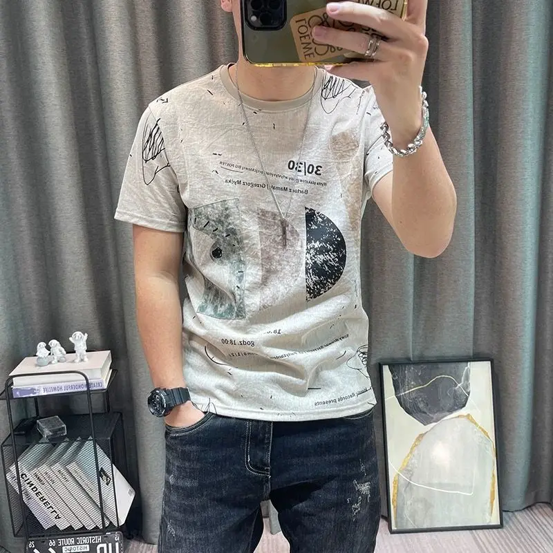 

Men Clothing Summer Simple Casual Printed All Match T Shirt Male Round Neck Short Sleeve Tees Trendy Cotton Loose Pullover Tops