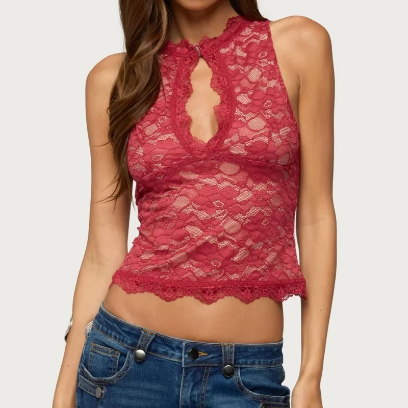 Women’s Lace Tank Tops Sleeveless Crew Neck Keyhole Front Tops Sleeveless Sheer Mesh See Through Slim Fit Camisole