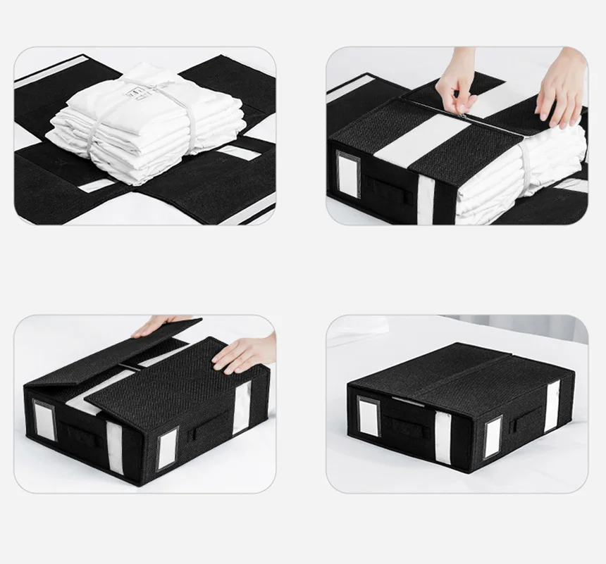 Bed Sheet Set Storage Box Fabric Visible Window Zipper Folding Blanket Finishing Box Wardrobe Bedding Storage Closet Organizer