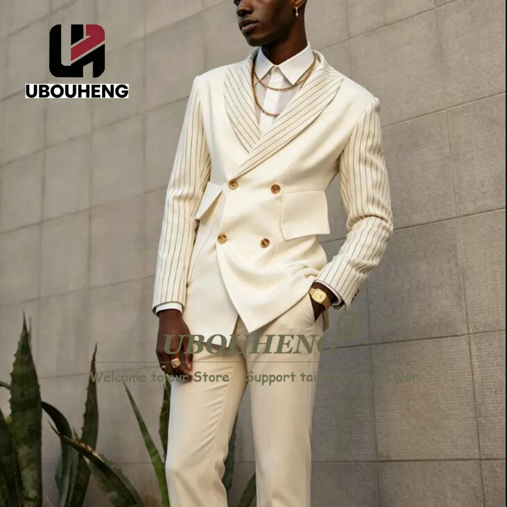 Male Fashion Suits Spliced Stripe Jacket Pants 2 Pieces Sets Groom Formal Party Tuxedos Customized Man Business Party Outfits