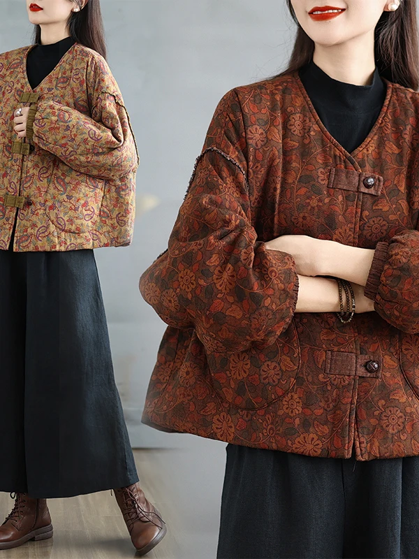 

Хлопковое пальто в стиле ретро с цветочным принтом, женское зимнее свободное повседневное хлопковое пальто контрастного цвета Thiened Lantern Sve V-ne Singl...