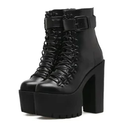 2025 Women Platform Chunky High Heel Ankle Boots Buckle Strap Lace Up Side Zip Motorcycle Boot Punk Goth Style Shoe Botas Mujer