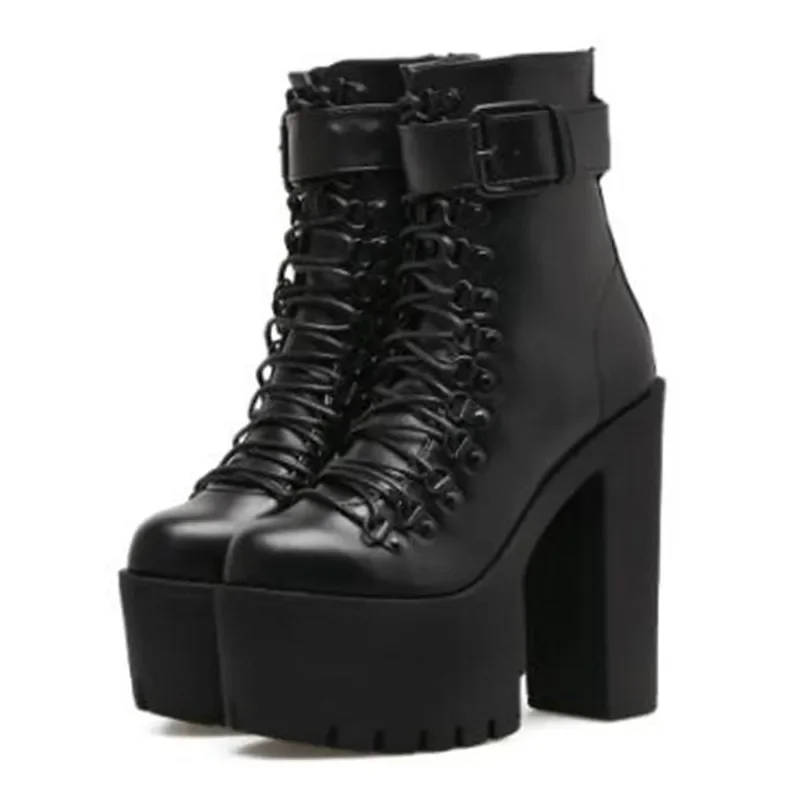 2025 Kobiety Platforma Chunky High Heel Ankle Boots Buckle Strap Lace Up Side Zip Motorcycle Boot Punk Goth Style Shoe Botas Mujer