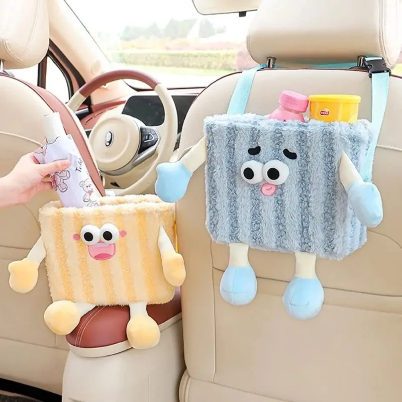 

Plush Car Trash Can Cartoon Soft Auto Seat Back Storage Bag Hanging Car Mounted Tissue Box with Bucket Car Interior Accessories