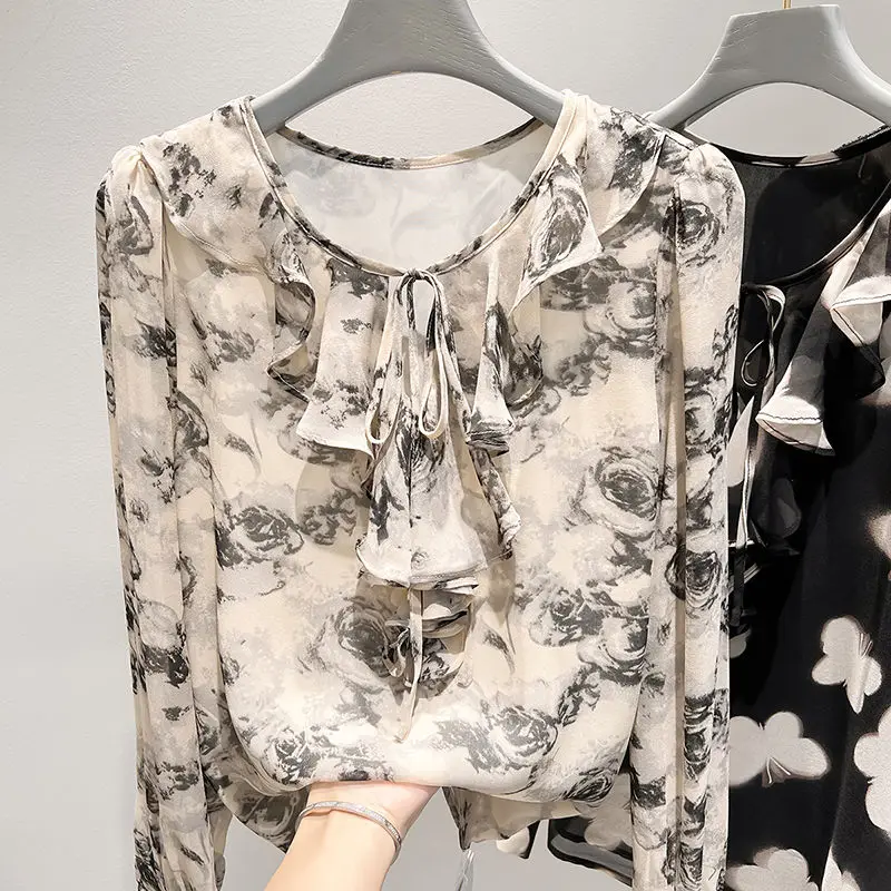 

AutumnSpring New Style Vintage Round Collar Tied Ruffle Print Long Sleeve Top