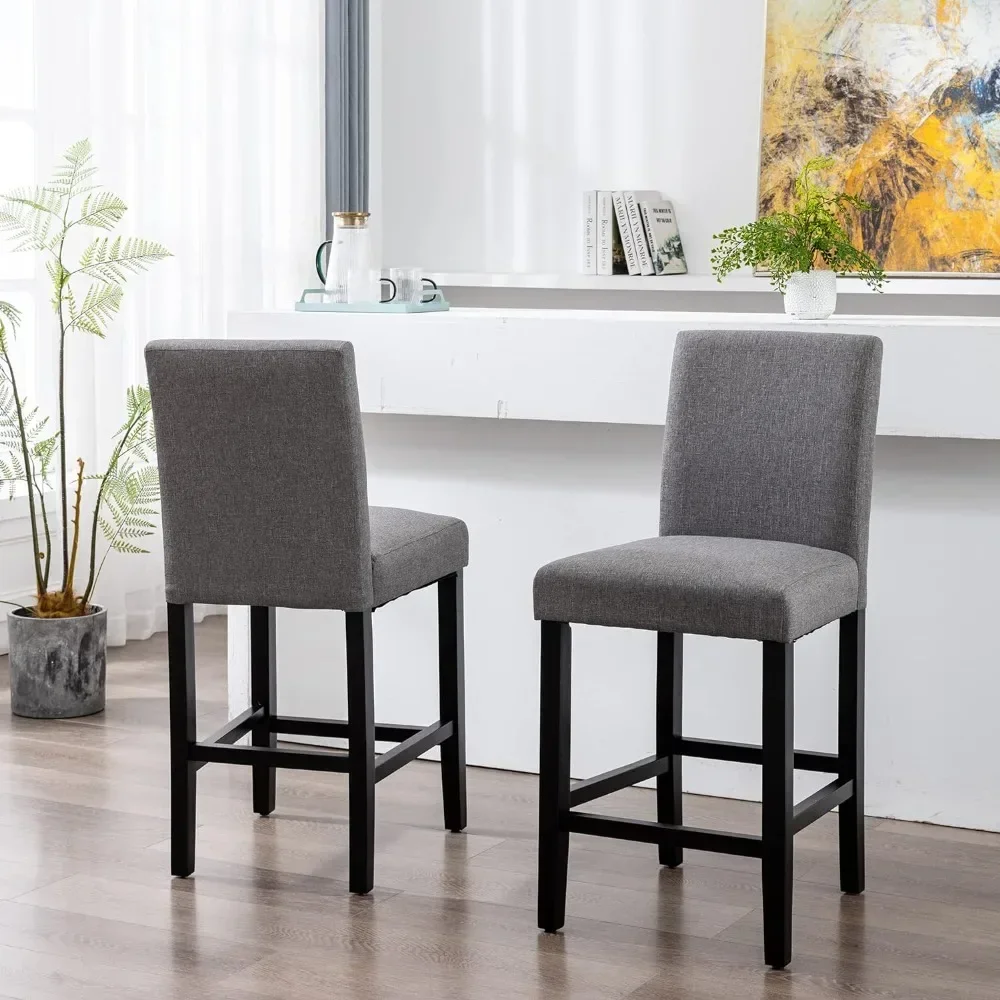 Bar Stool, Kitchen Island Wooden Bar Chair, Fabric Counter HighStool, Fabric Cushioned  Stool, Gray, 2-piece Set