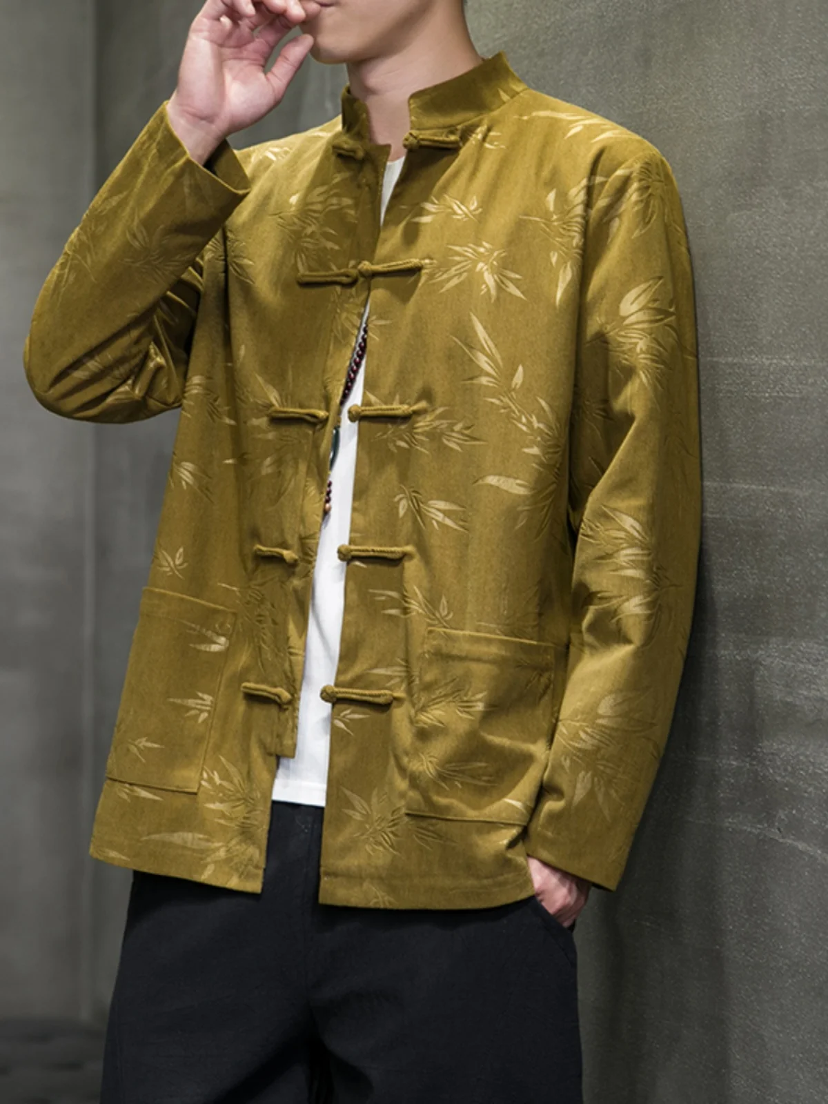 

New Chinese Sle Men's Jaet Autumn Loose Fit Button up Hanfu Print Outerwear Large Size Youth Online Exclusive Long Sve
