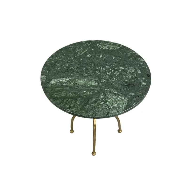 

American retro all-copper light luxury coffee table soft decoration design villa hotel model room green marble sofa edge table