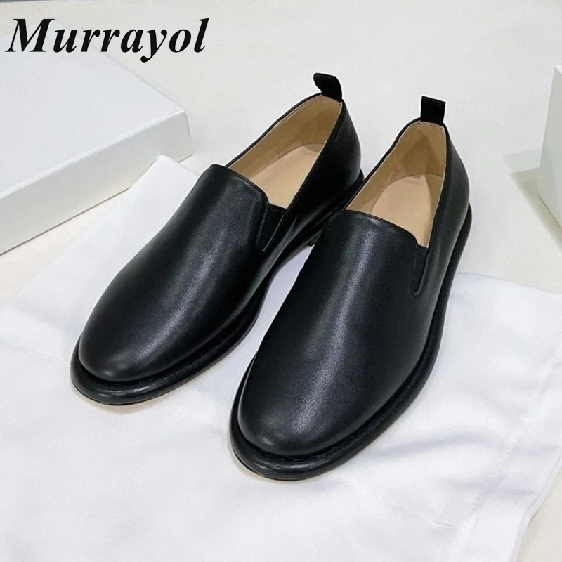

Новые женские туфли с круглым носком и открытым носком, женские однотонные лоферы из натуральной кожи, весенне-осенние универсальные туфли на плоской подошве в стиле ретро