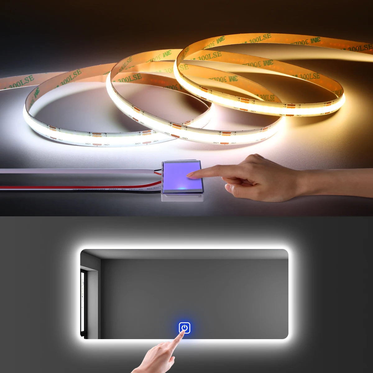 

24V COB Vanity Mirror Lamp Tape 2700K to 6500K CCT Touch Sensor Swtich Dimmable LED Strip Light 608LEDs/m Mirror Backlight Decor