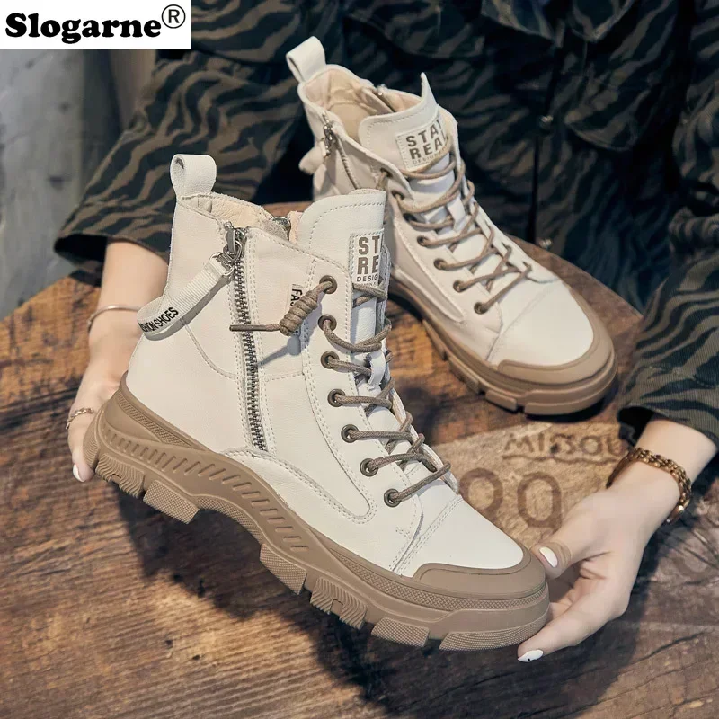 New Genuine Leather Boots Women Winter Cow Leather Ankle Boots Modern High Top Shoes Thick Sole Snow Boots Platform Shoes Bottes