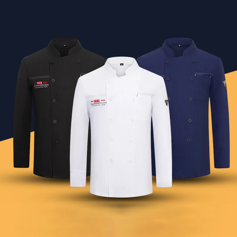 Uniforme Chef de Manga Longa Masculino, Jaqueta Restaurante com Avental, Casaco do Cozinheiro, Camiseta Chef, Uniforme de Trabalho, Garçom, Logotipo do Hotel