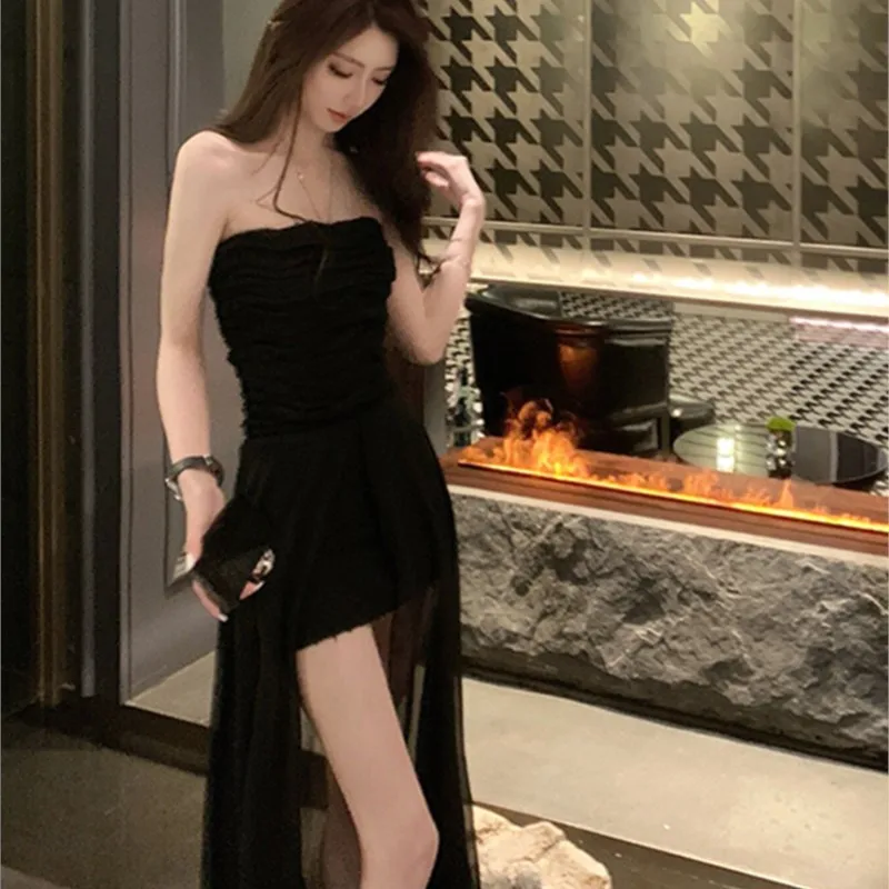 

Black collarbone semi-transparent gauze top breast women's new birthday party waist pleated skirt