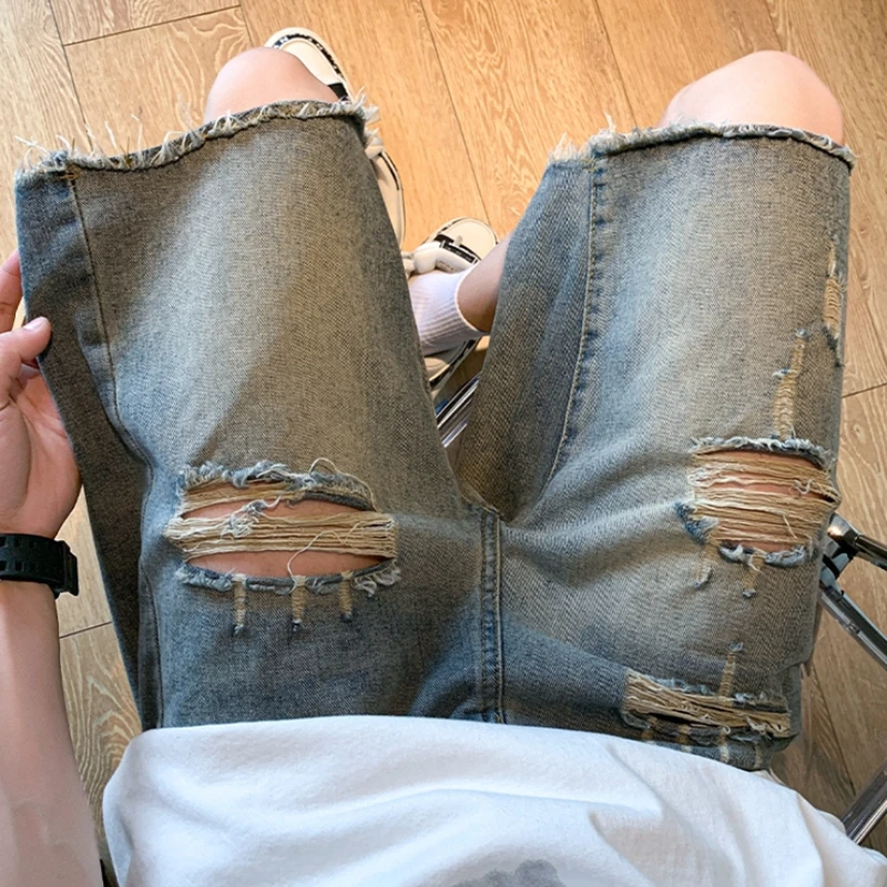 Denim Shorts Men High Street Raw Edge Popular Summer Knee-length Worn-out Hole Nostalgic Baggy American Style Male Vitality Chic