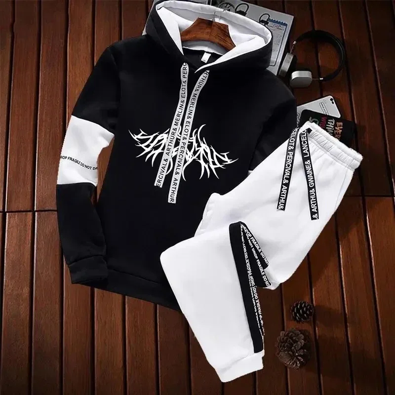 Mens Tracksuit HotSales Black White Hooded Sweatshirt Jogging Sport DailyCasual Clothing Print Fashion Versatile Tops Pants Suit