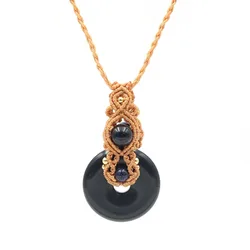 Natural Crystal Pink Rose Quartz Stone Handmade Thread Rope Wrapped Donut  Braided Macrame Chain Necklace for Women Men Jewelry