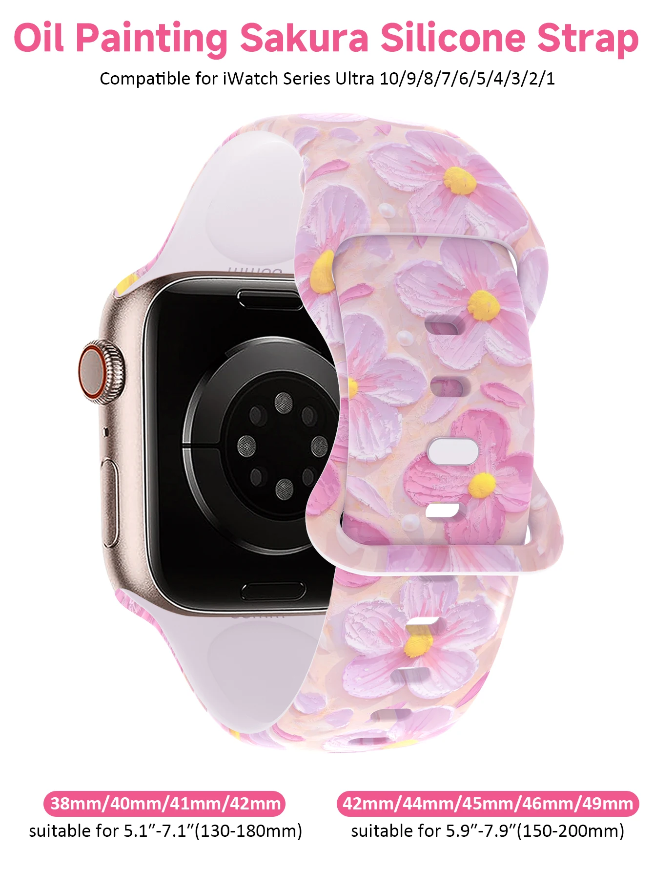 For Apple Watch 38/40/41/44/45/S10 42/46/49mm women's floral silicone watchband，for  iWatch Series 10 9 8 7 6 5 4 3 2 1 SE Ultra - view 2