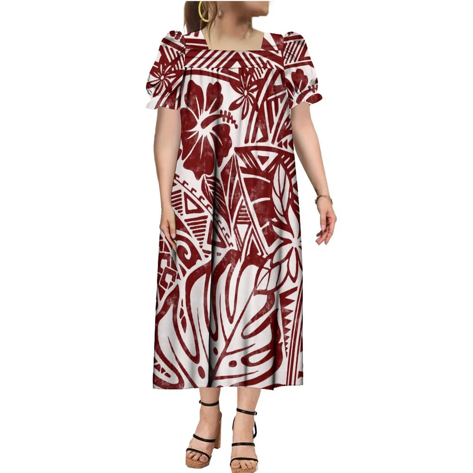 

Polynesian Vintage Print Custom Puffed Sleeve Mumu Women'S Dress Summer Short Sleeve Square Collar Elegant Soft Party Dress