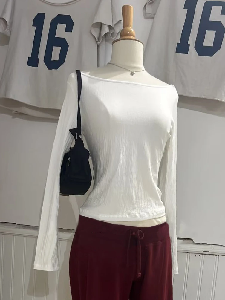 

Chic Texture Slim Long Sleeve T-shirt Woman Autumn Scoop Neck Cotton Tee Shirts Female White Simple All-match Sweet Crop Top New