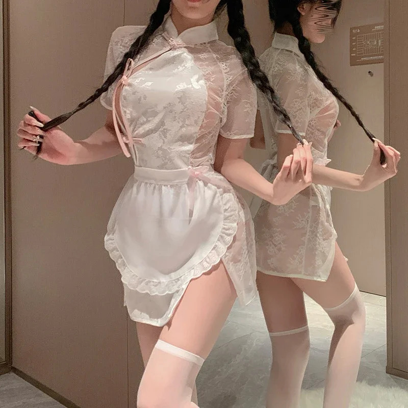 

Sexy Cheongsam Dress Erotic Lingerie Lace Perspective Seduction Maid Outfit Roleplay Chinese Style Traditional Woman Costumes