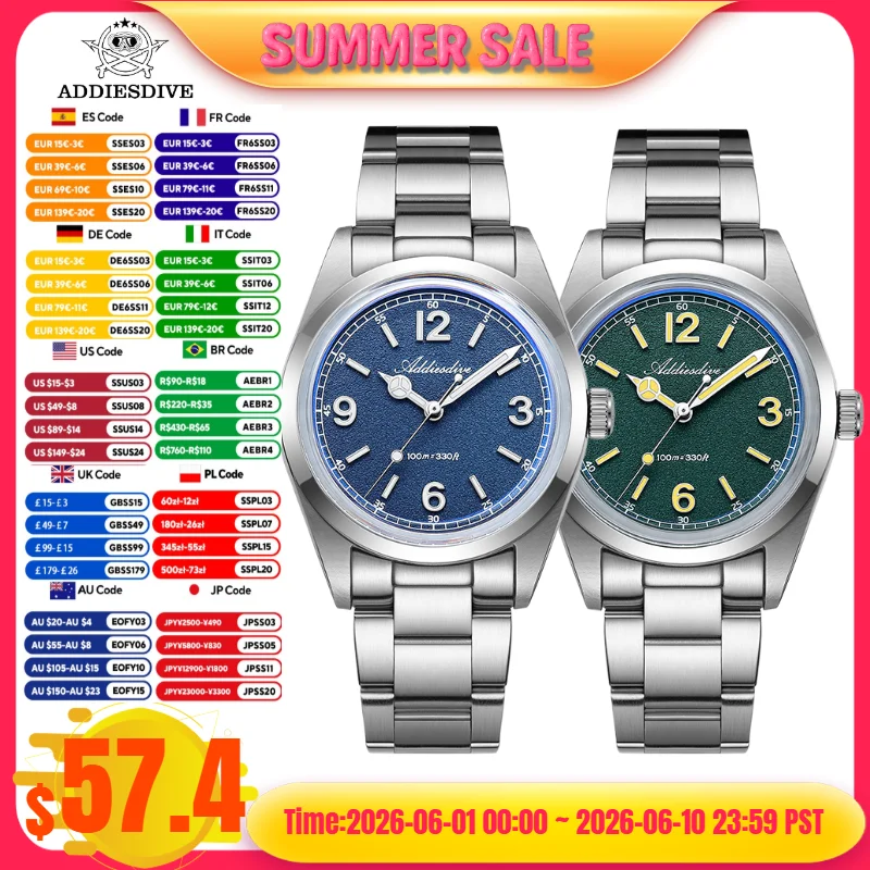 

ADDIESDIVE 36mm AD2518 Men's Luxury Watch 316L Stainless Steel Bubble Mirror Glass 10Bar Diving reloj hombre Quartz Watches