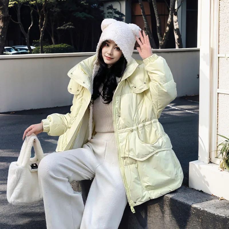 Winter Warm Coat 2024 New Solid Colour Hooded Down Jacket Loose Drawstring Large Pockets Design Korean High-end Leisure Parkas